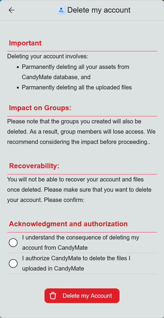 Confirmation for deleting your account 
