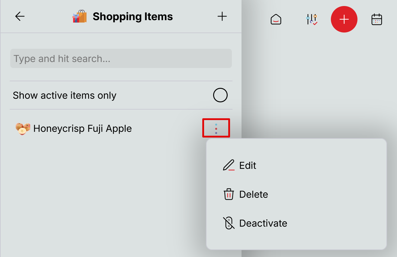 Shopping item context menu